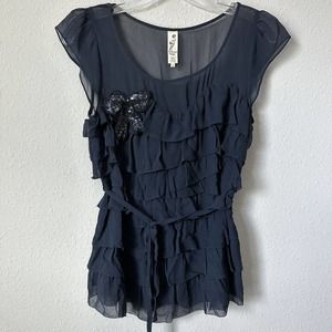 Anthropologie Floreat Ellsworth Silk Ruffle Tiered Sequin Bow Blouse